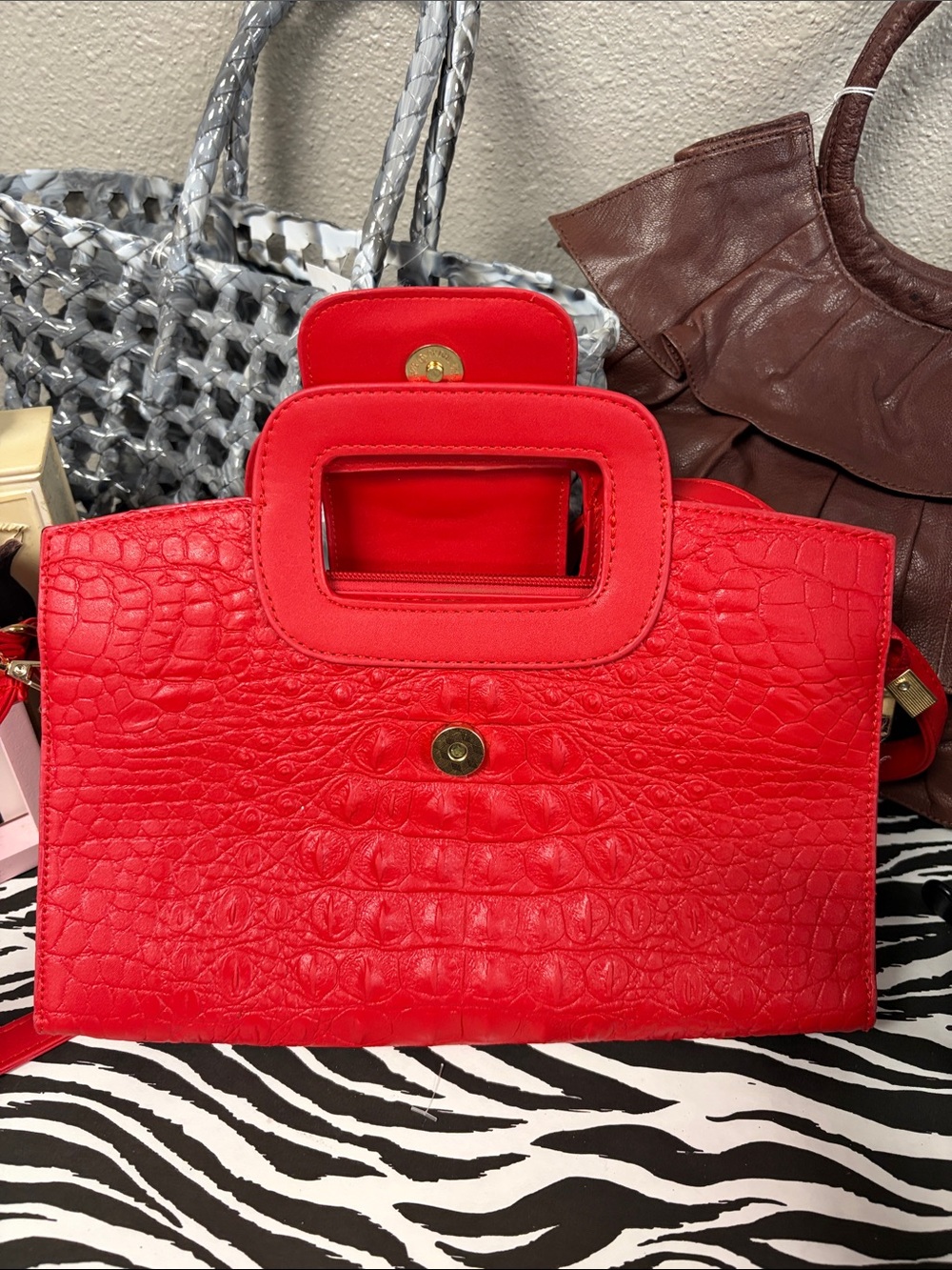 Structured Red Croc-Embossed Satchel with Top Handle